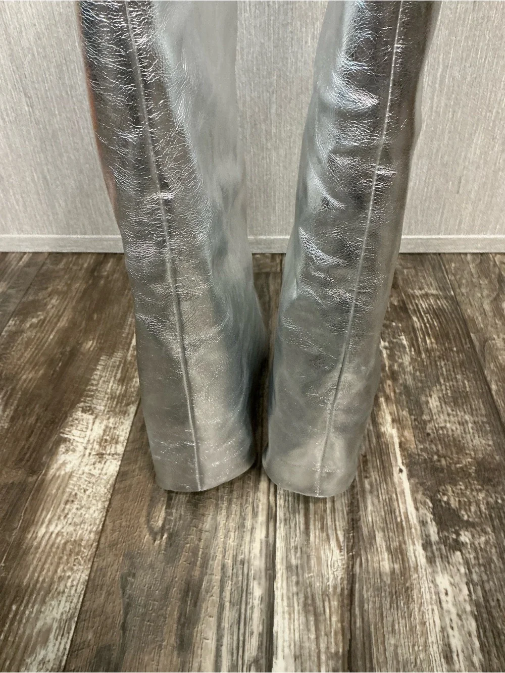 NWOB Fashion Nova Metallic Silver Knee-High Wedge Boots Size 9